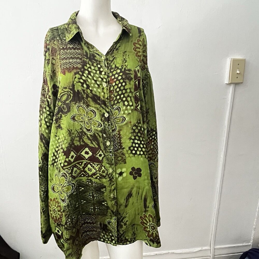 Vtg Italian Garden Floral Top XL Green Funky Artsy Lagenlook Avante Garde Earthy